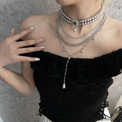 Baroque Layered Choker Cross Pearl Necklace SILVER
