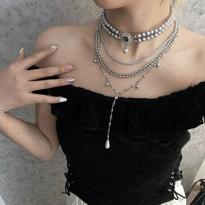 Baroque Layered Choker Cross Pearl Necklace SILVER