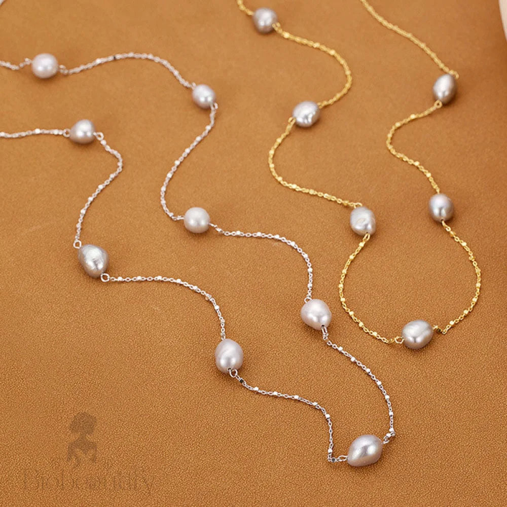 Baroque Pearl Silver Satellite Chain Bolo Slider Necklace