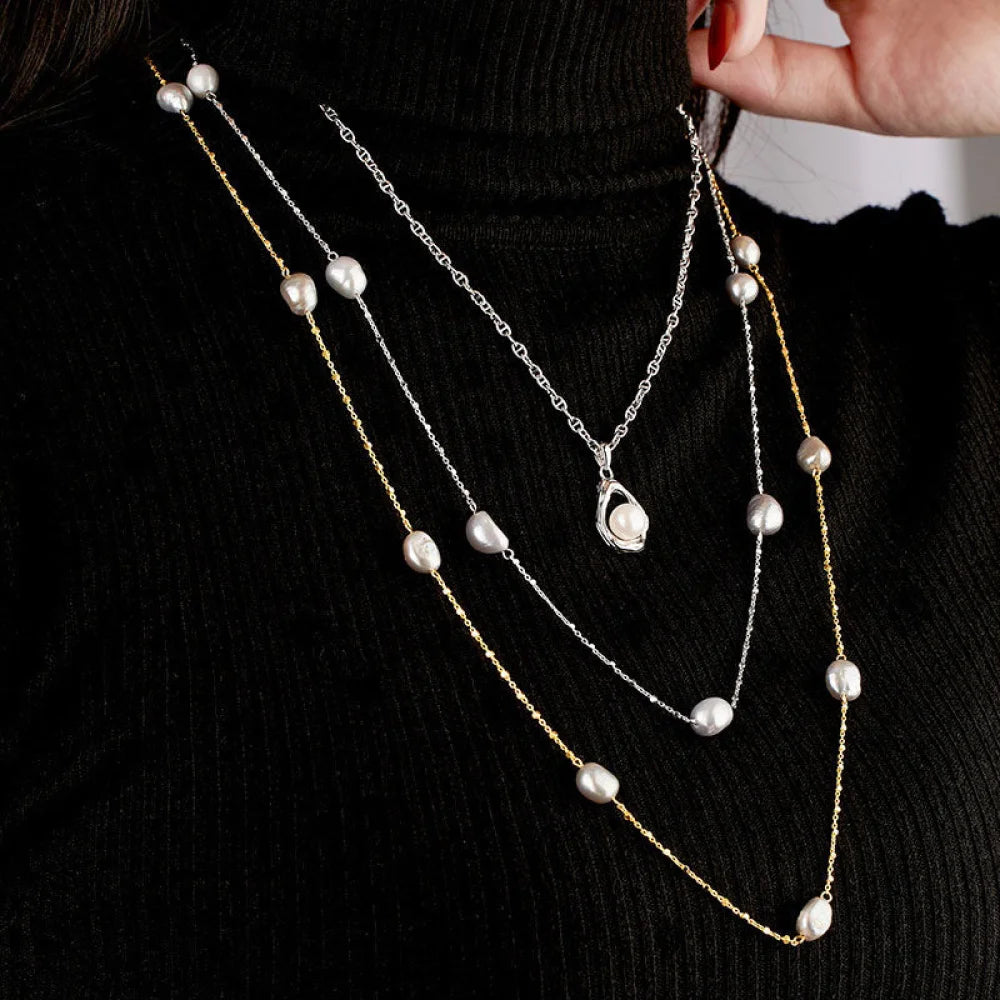 Baroque Pearl Silver Satellite Chain Bolo Slider Necklace