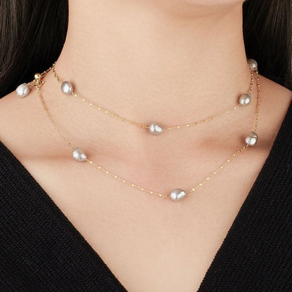 Baroque Pearl Silver Satellite Chain Bolo Slider Necklace