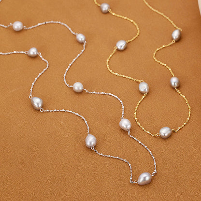 Baroque Pearl Silver Satellite Chain Bolo Slider Necklace