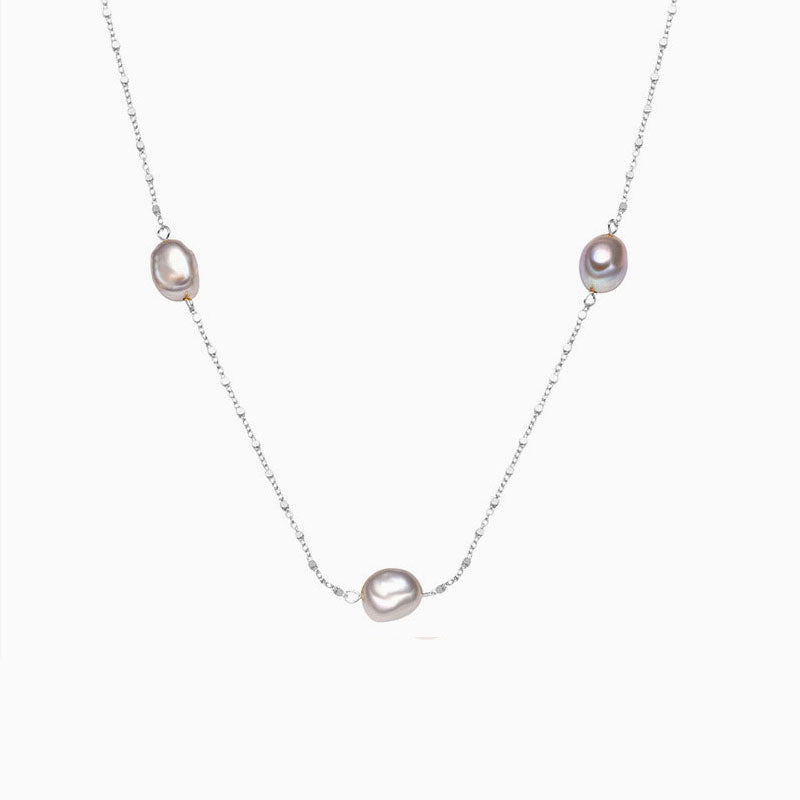 Baroque Pearl Silver Satellite Chain Bolo Slider Necklace / One Size
