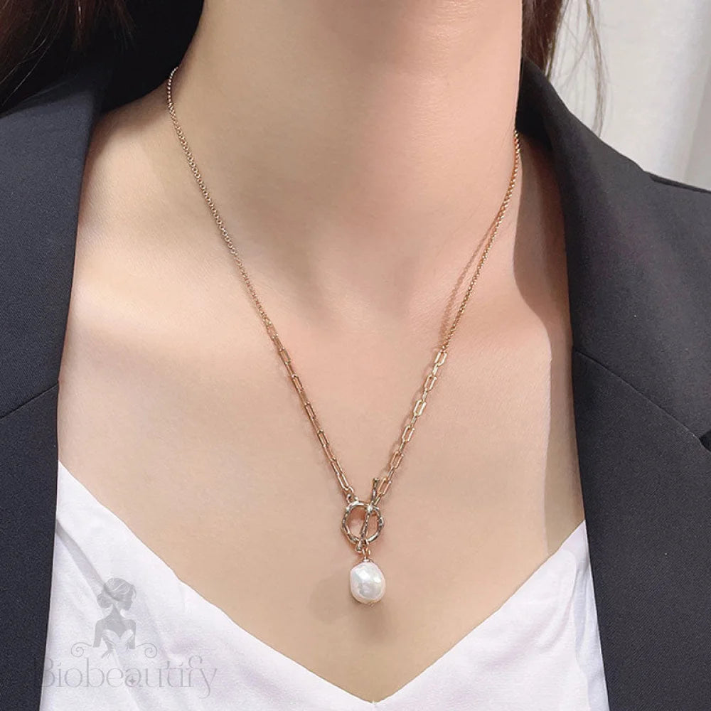 Baroque Pearl Toggle Pendant Cable Link Necklace