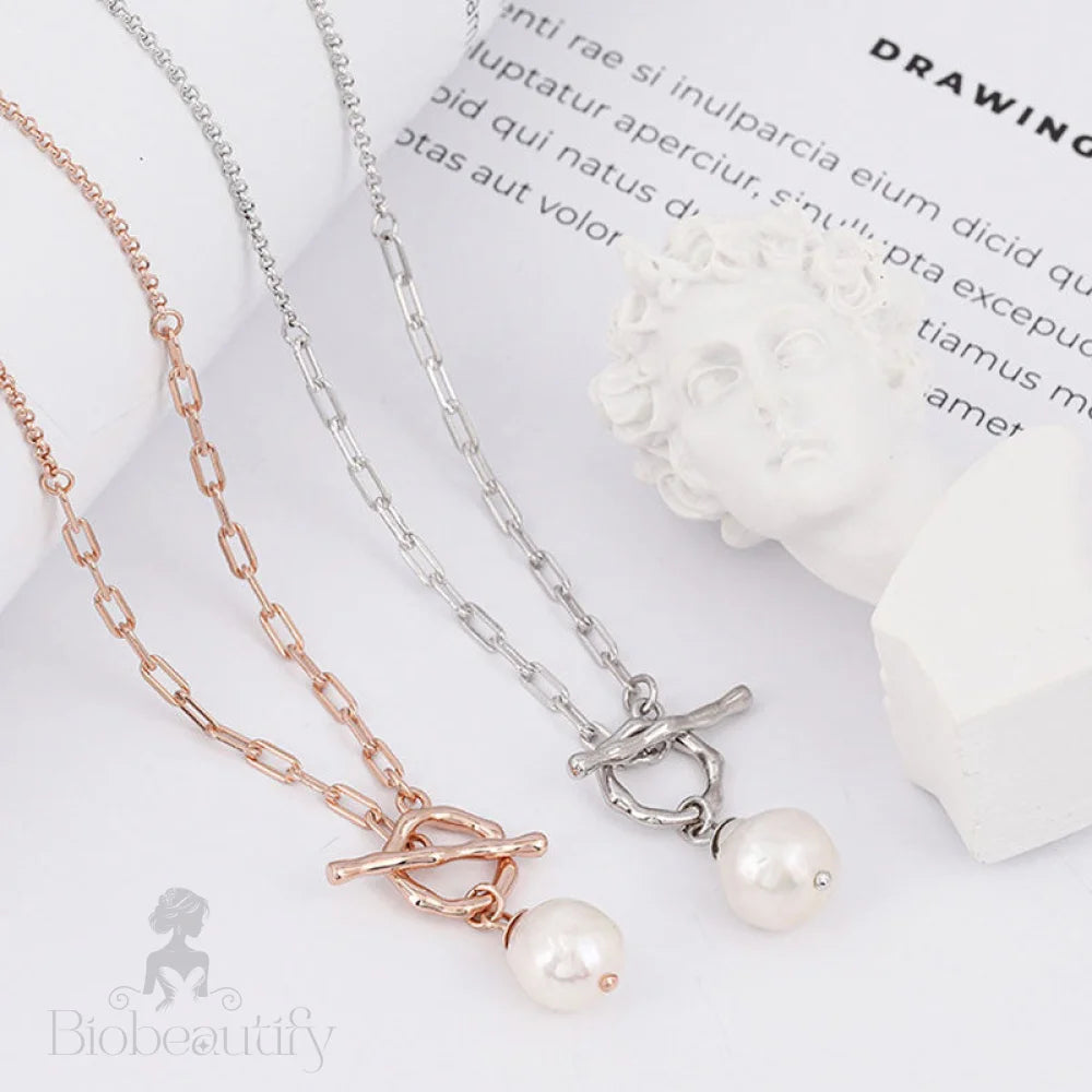 Baroque Pearl Toggle Pendant Cable Link Necklace