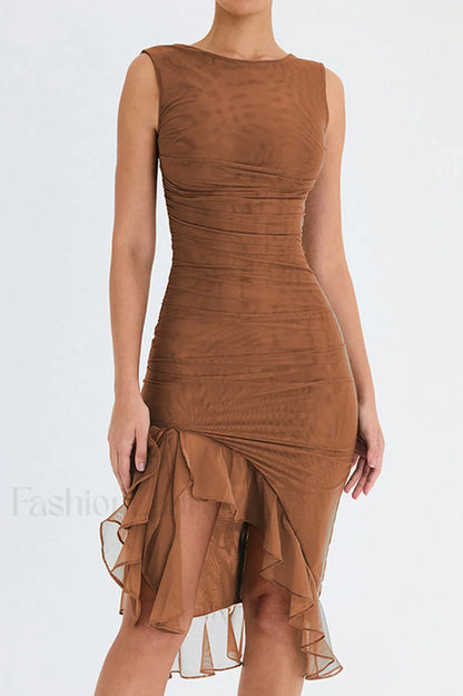 Bay Leaf Stylish Ruffle Midi Dress S / Brown