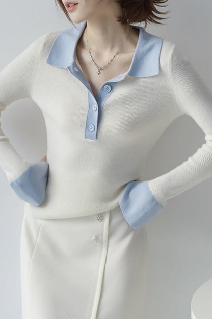 Polo Collar Contrast Cuff Knit Top
