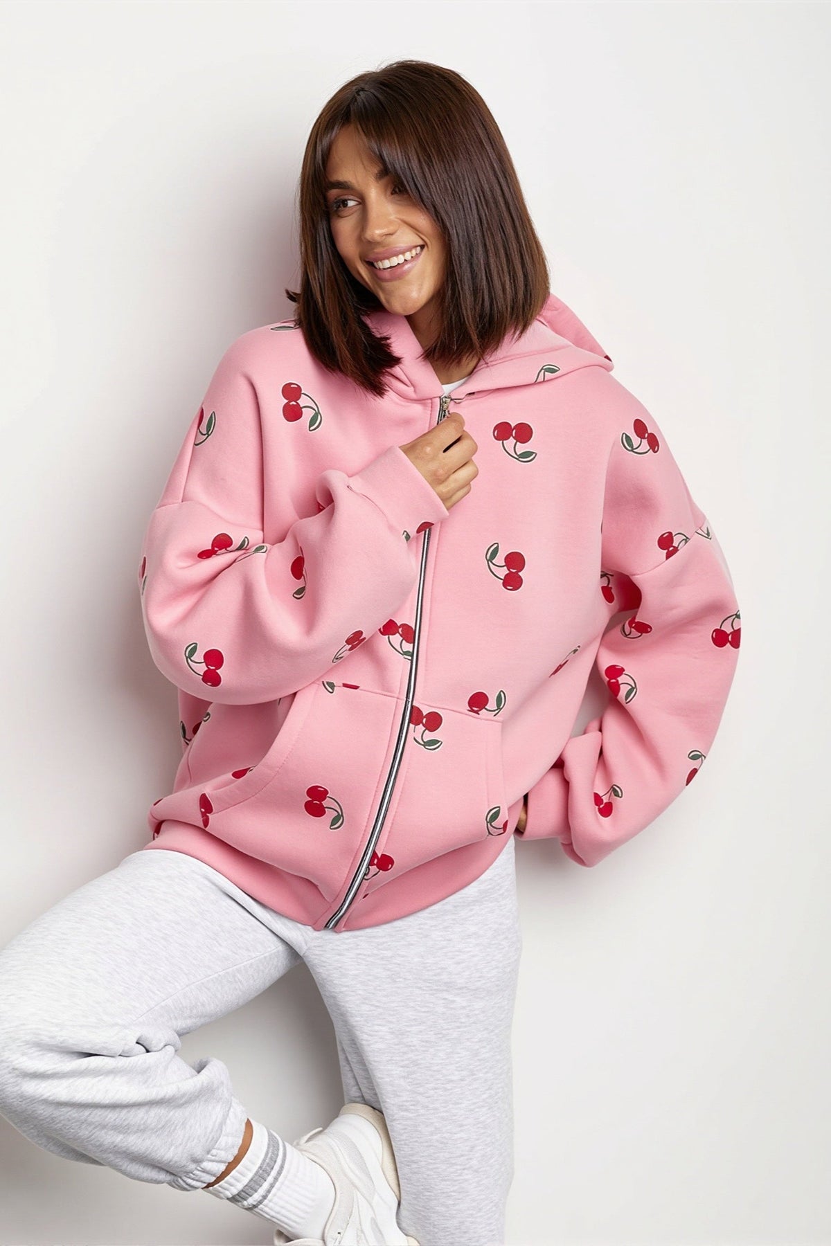 Cherry Print Zip Front Hoodie