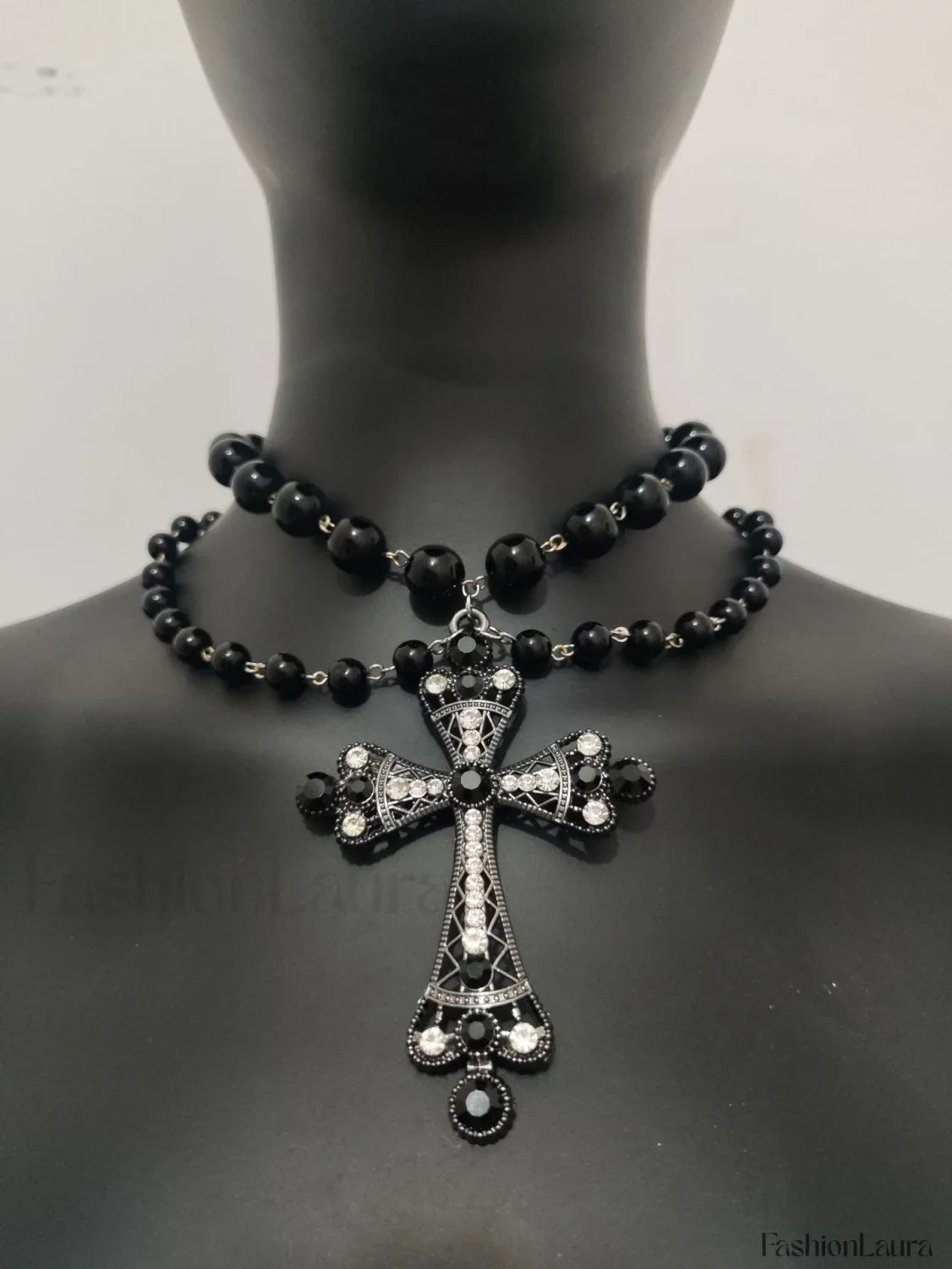 Beaded Cross Pearl Necklace for Gothic Halloween Gifts BLACK