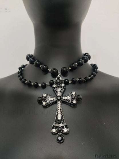 Beaded Cross Pearl Necklace for Gothic Halloween Gifts BLACK