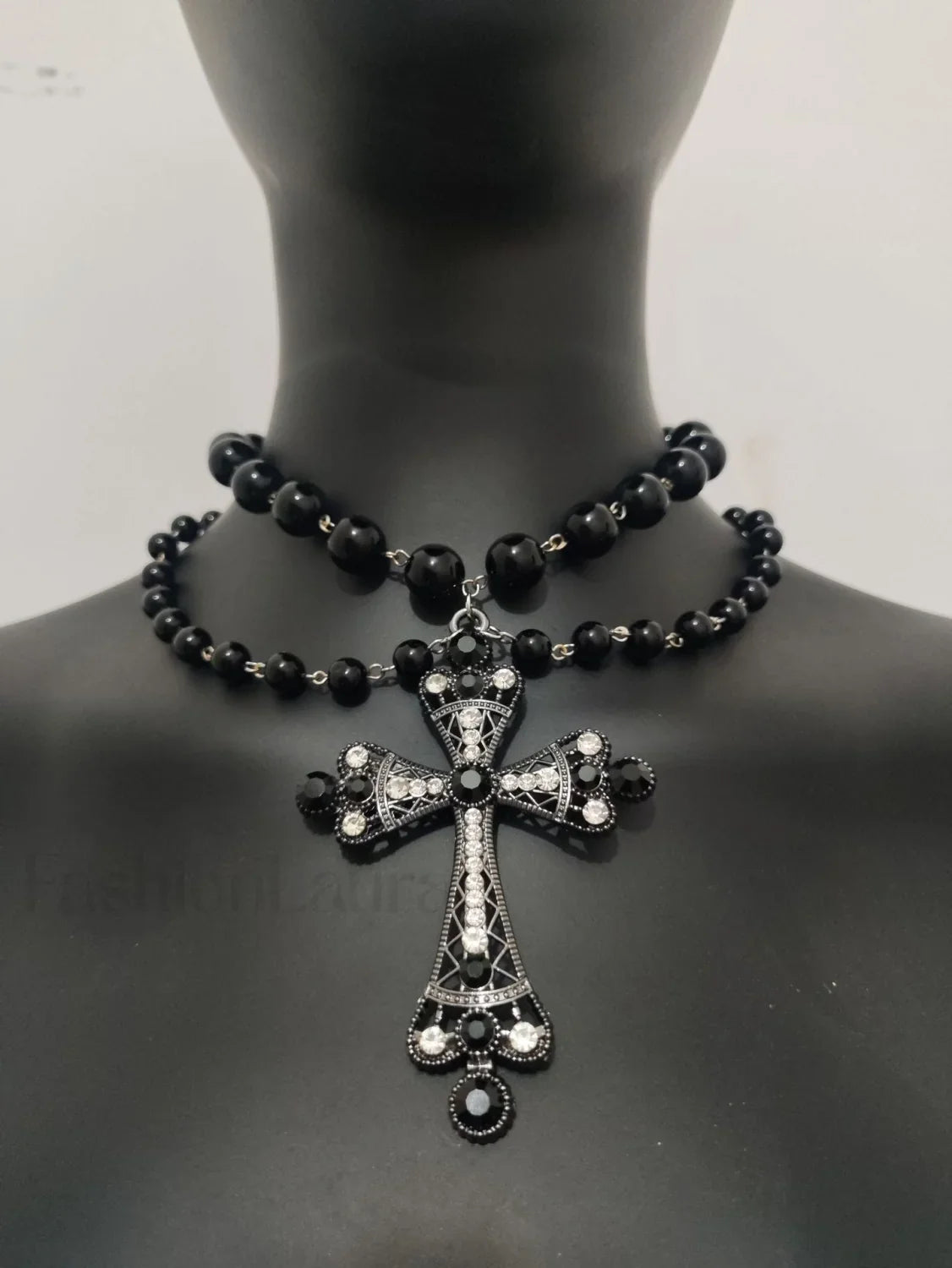 Beaded Cross Pearl Necklace for Gothic Halloween Gifts BLACK