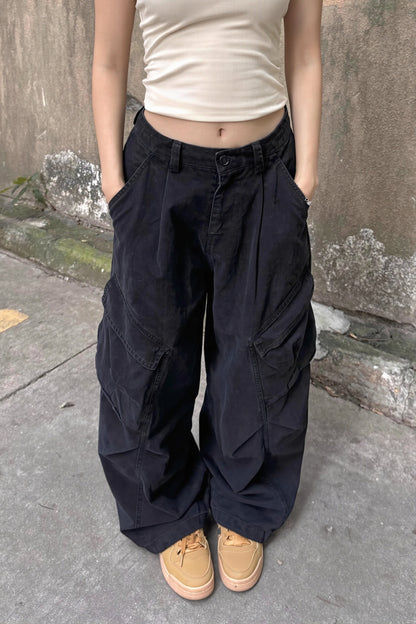 Washed Pleated Wide Leg Cargo Pants