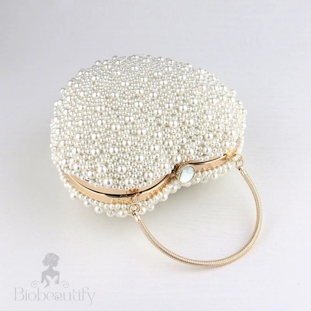 Beige Heart Shaped Bag With Faux Pearl And Crystal Details