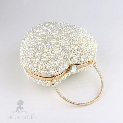 Beige Heart Shaped Bag With Faux Pearl And Crystal Details