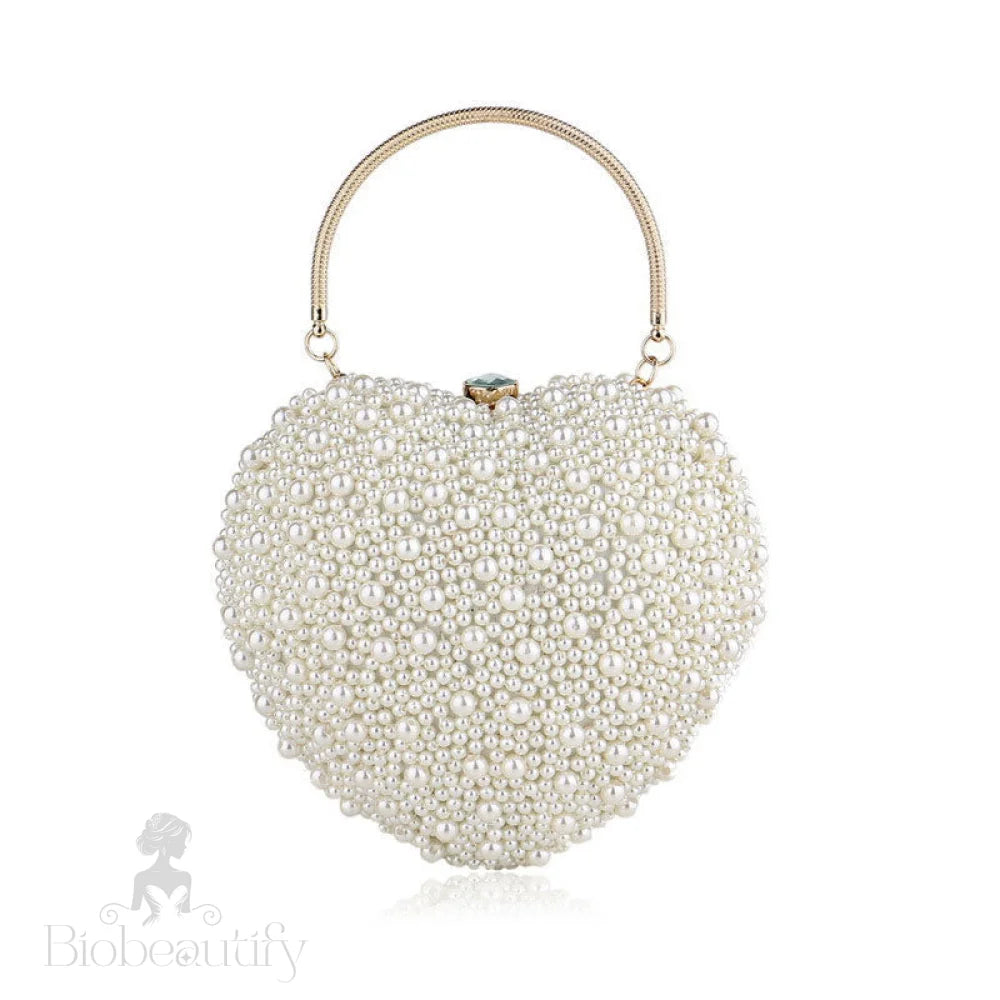 Beige Heart Shaped Bag With Faux Pearl And Crystal Details One Size /