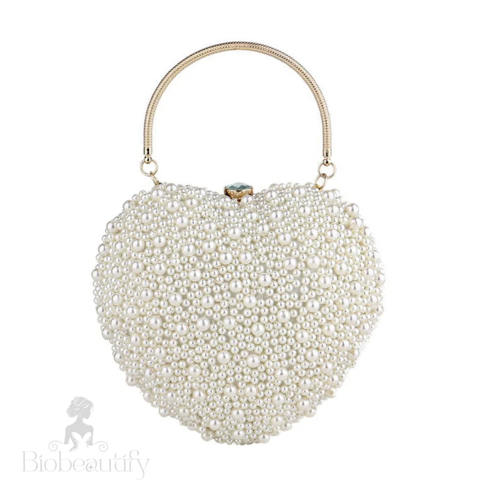 Beige Heart Shaped Clutch Bag With Luxury Metal Handle And Pearl Beads One Size /