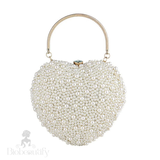 Beige Heart Shaped Clutch Bag With Luxury Metal Handle And Pearl Beads One Size /