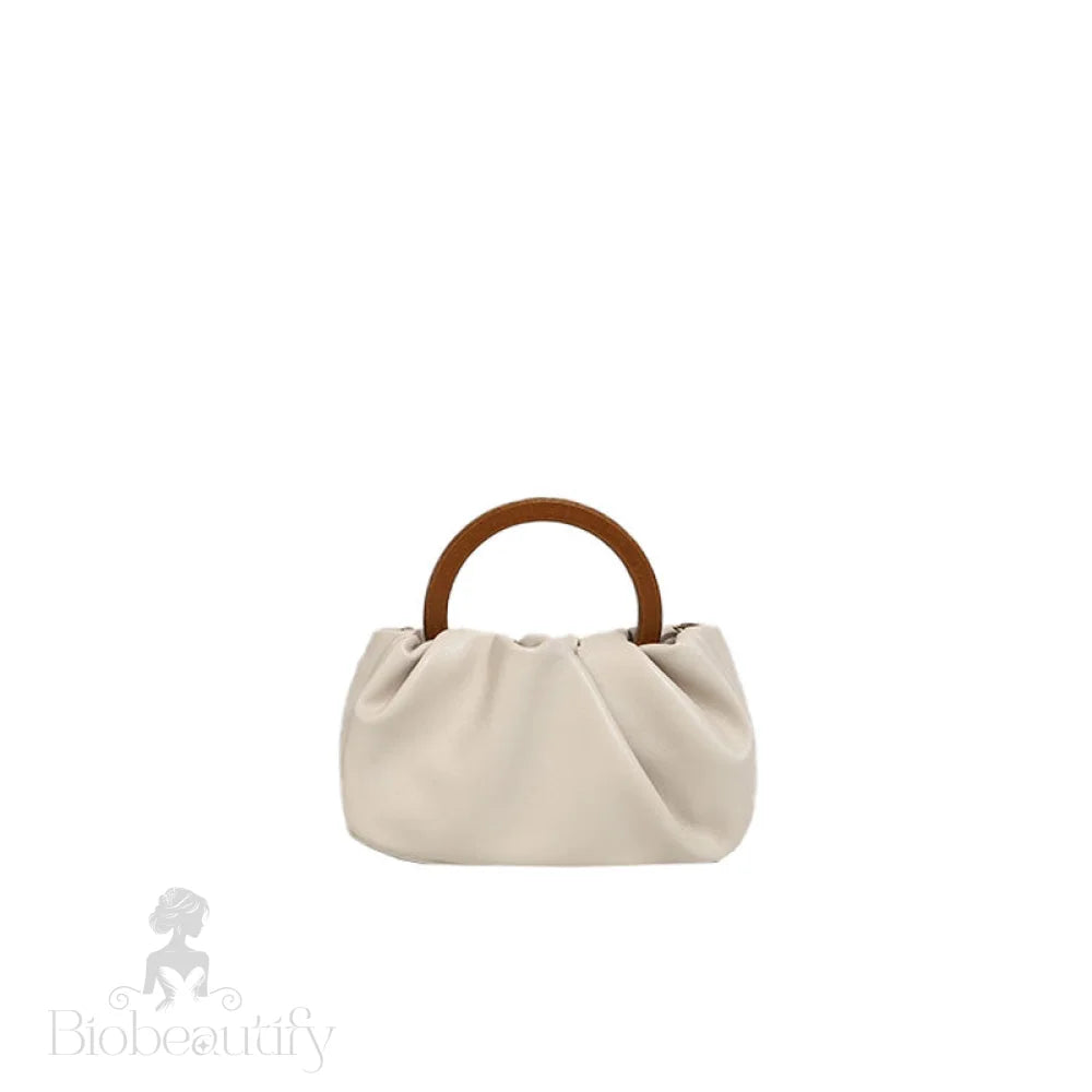 Beige Scrunch Trim Leather Tote Bag With Modern Loop Top