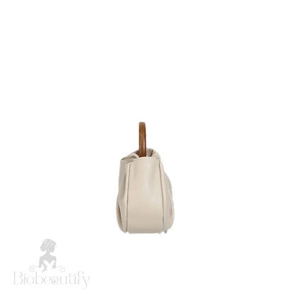 Beige Scrunch Trim Leather Tote Bag With Modern Loop Top