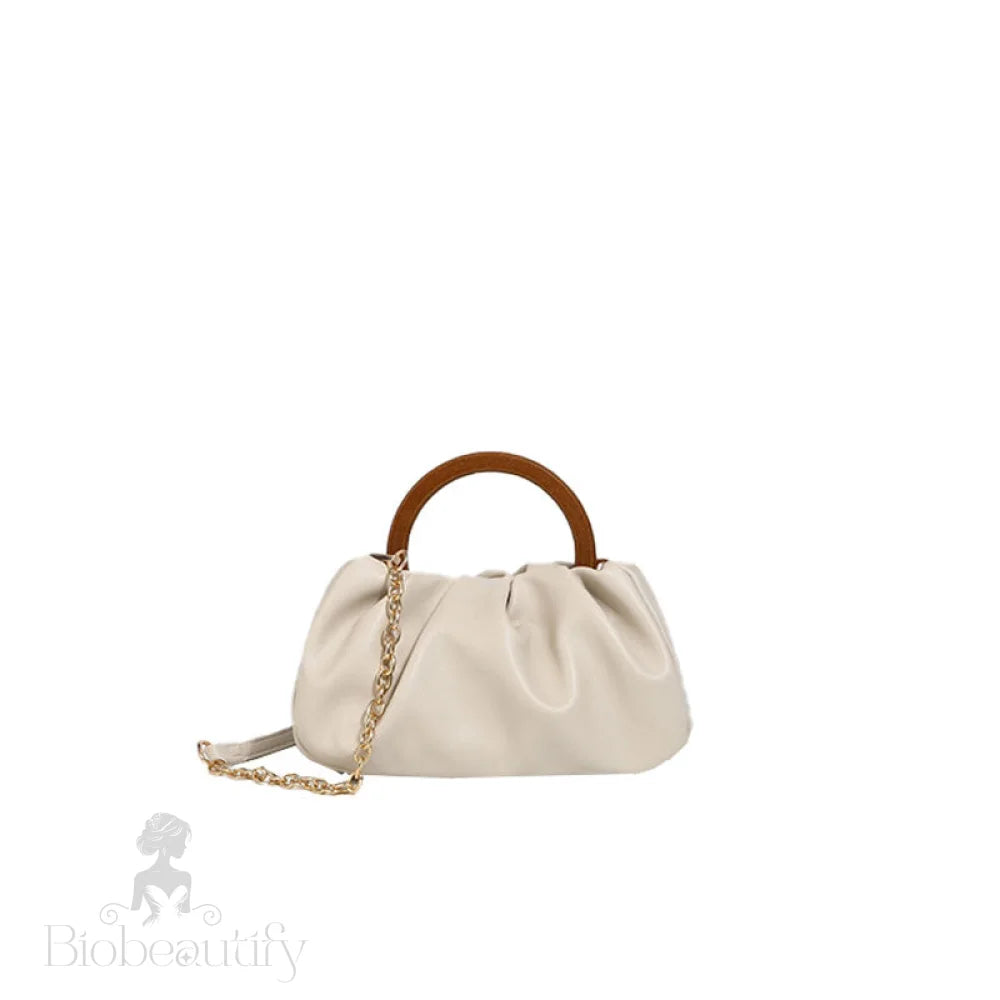 Beige Scrunch Trim Leather Tote Bag With Modern Loop Top One Size /