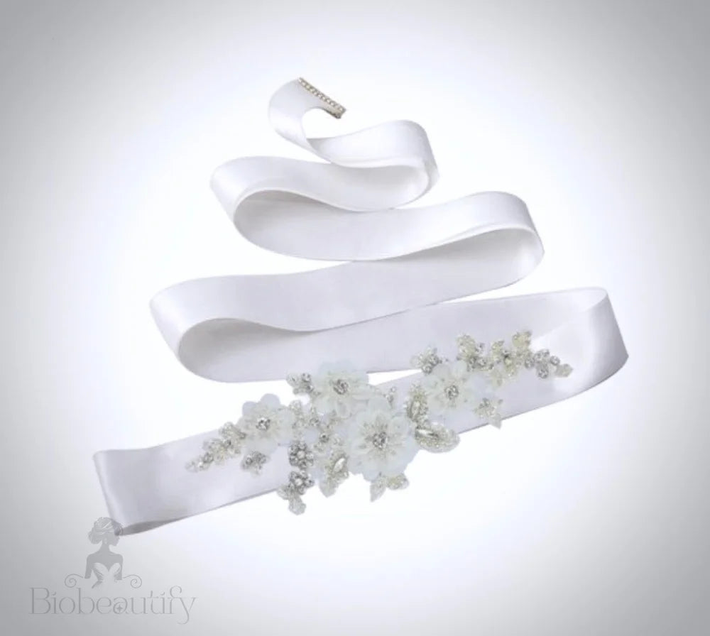 Bernadette Silk Flower Crystal And Pearl Bridal Sash