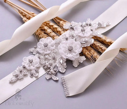 Bernadette Silk Flower Crystal And Pearl Bridal Sash