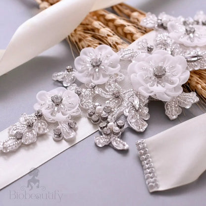 Bernadette Silk Flower Crystal And Pearl Bridal Sash