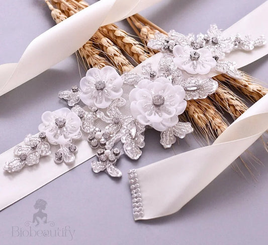 Wedding Accessories - Silk Flowers Crystal and Pearl Bridal Belt/Sash