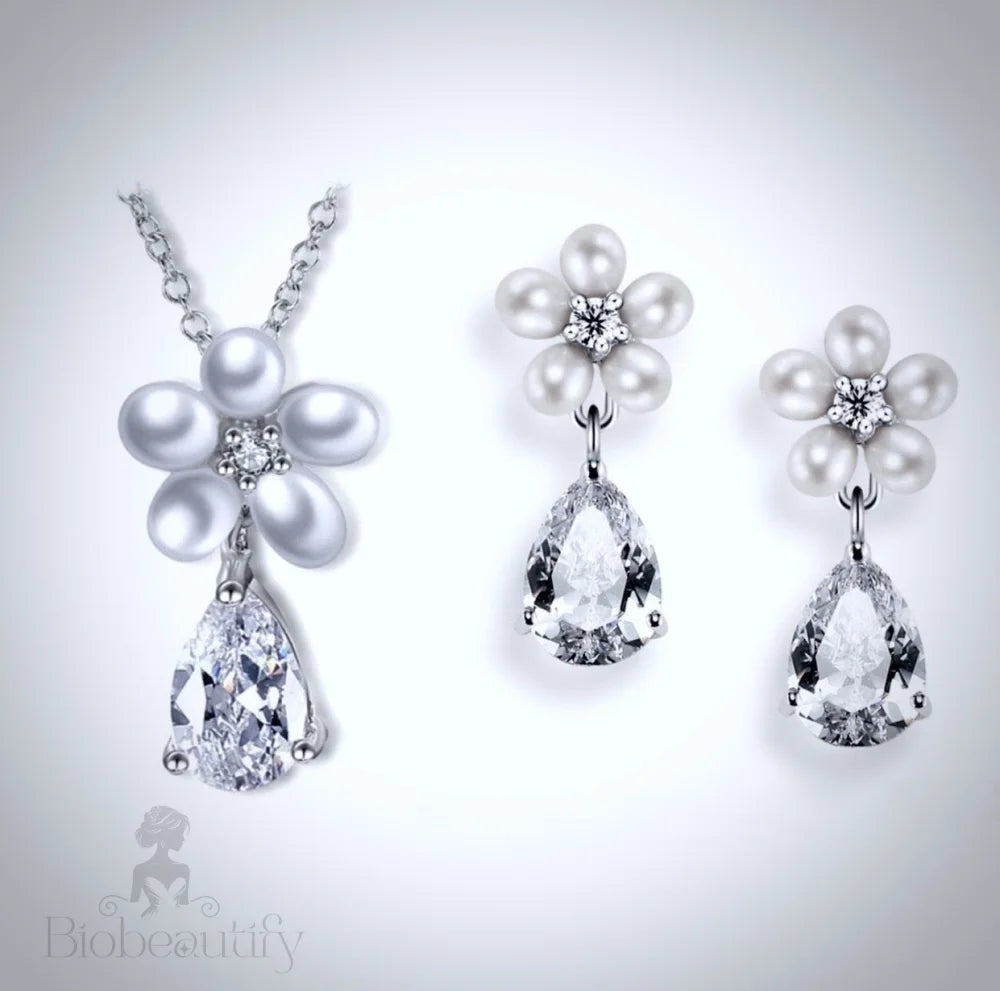 Beverly Pearl And Cz Bridal Necklace Earring Set