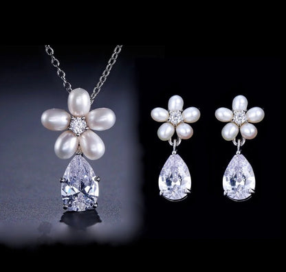 Beverly Pearl And Cz Bridal Necklace Earring Set