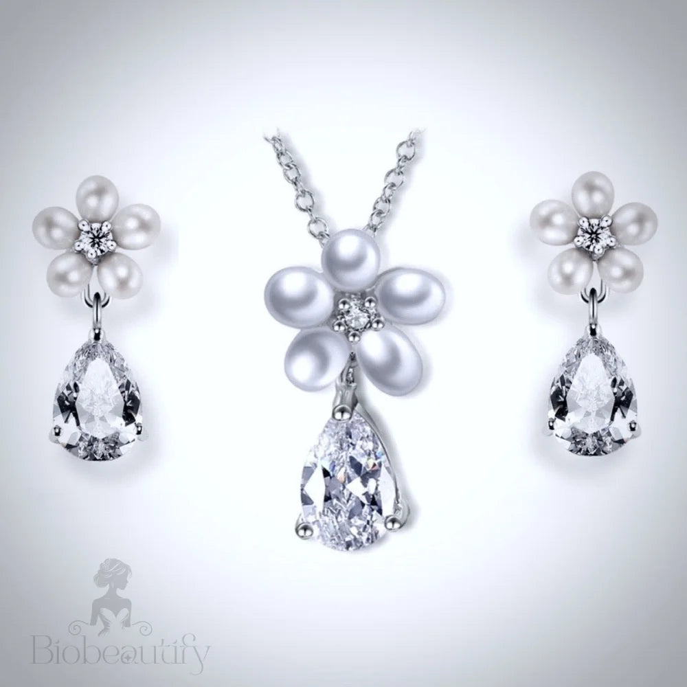 Beverly Pearl And Cz Bridal Necklace Earring Set