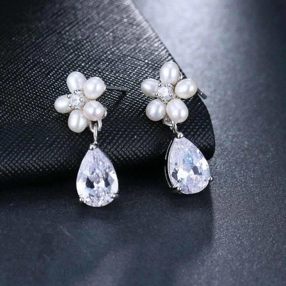 Beverly Pearl And Cz Bridal Necklace Earring Set