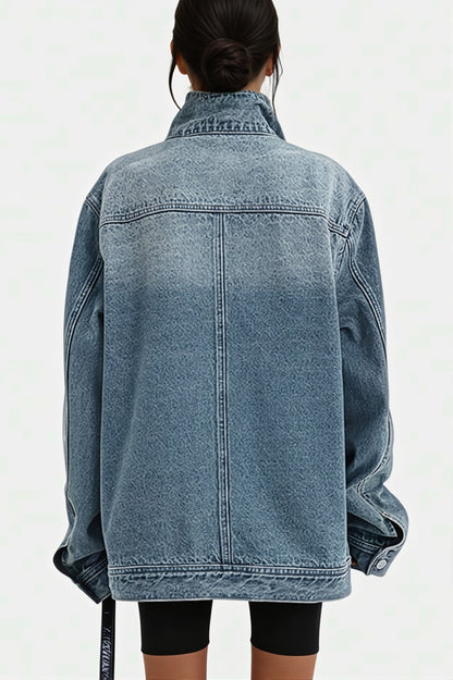 Asymmetric High Neck Denim Jacket