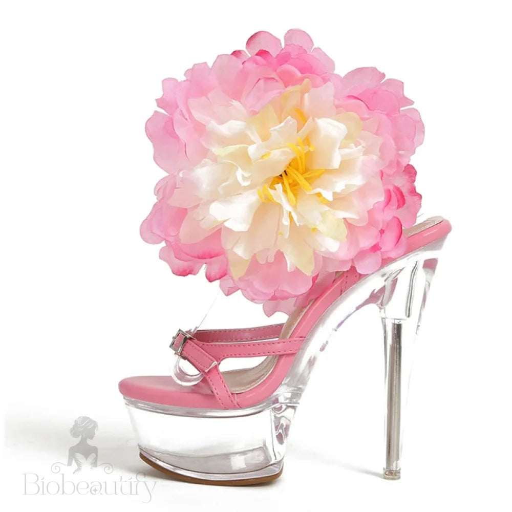 Big Flowers Women Transparent Platform Sandals Stilettos High Heels