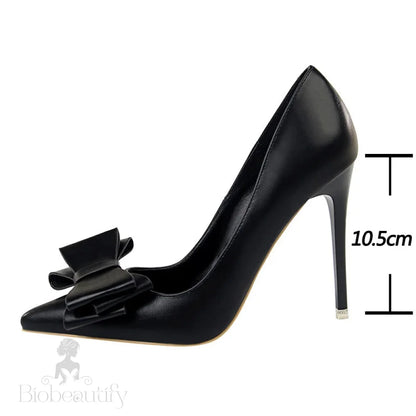 Black Classic Stiletto Pumps With Bow-Knot Detail In Pu Leather