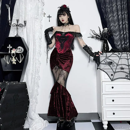 Black Fairy Grunge Women Gothic Velvet Lace Stitching Fall Sexy Fishtail Skirt BLACK / S