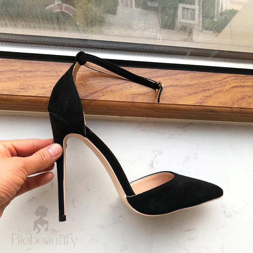 Black Flock Ankle Strap Pointy Toe High Heel Shoes For Women