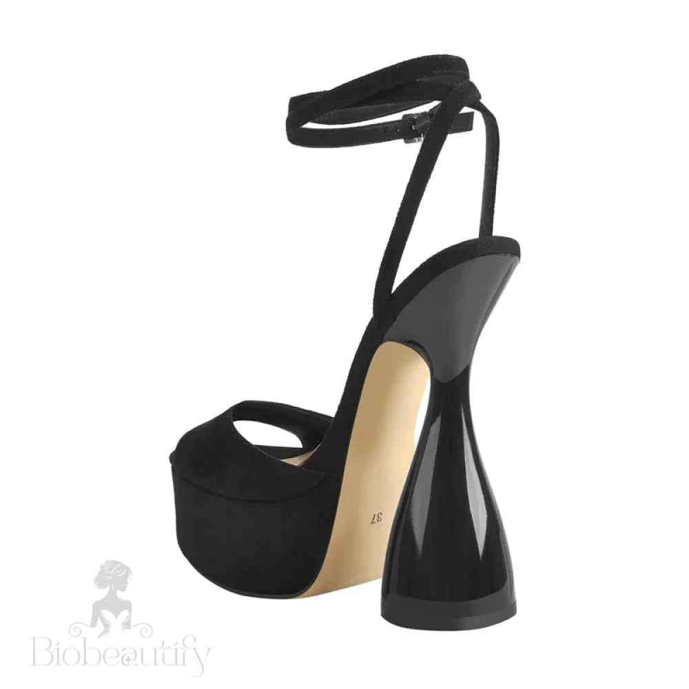 Black Flock Peep Toe Platform Sandals With Ankle Strap High Heels