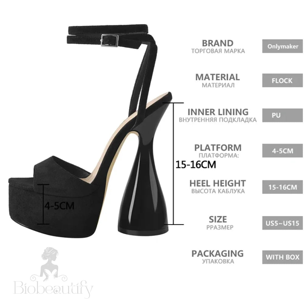 Black Flock Peep Toe Platform Sandals With Ankle Strap High Heels