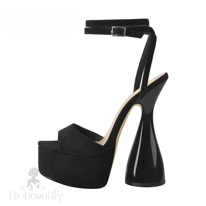 Black Flock Peep Toe Platform Sandals With Ankle Strap High Heels