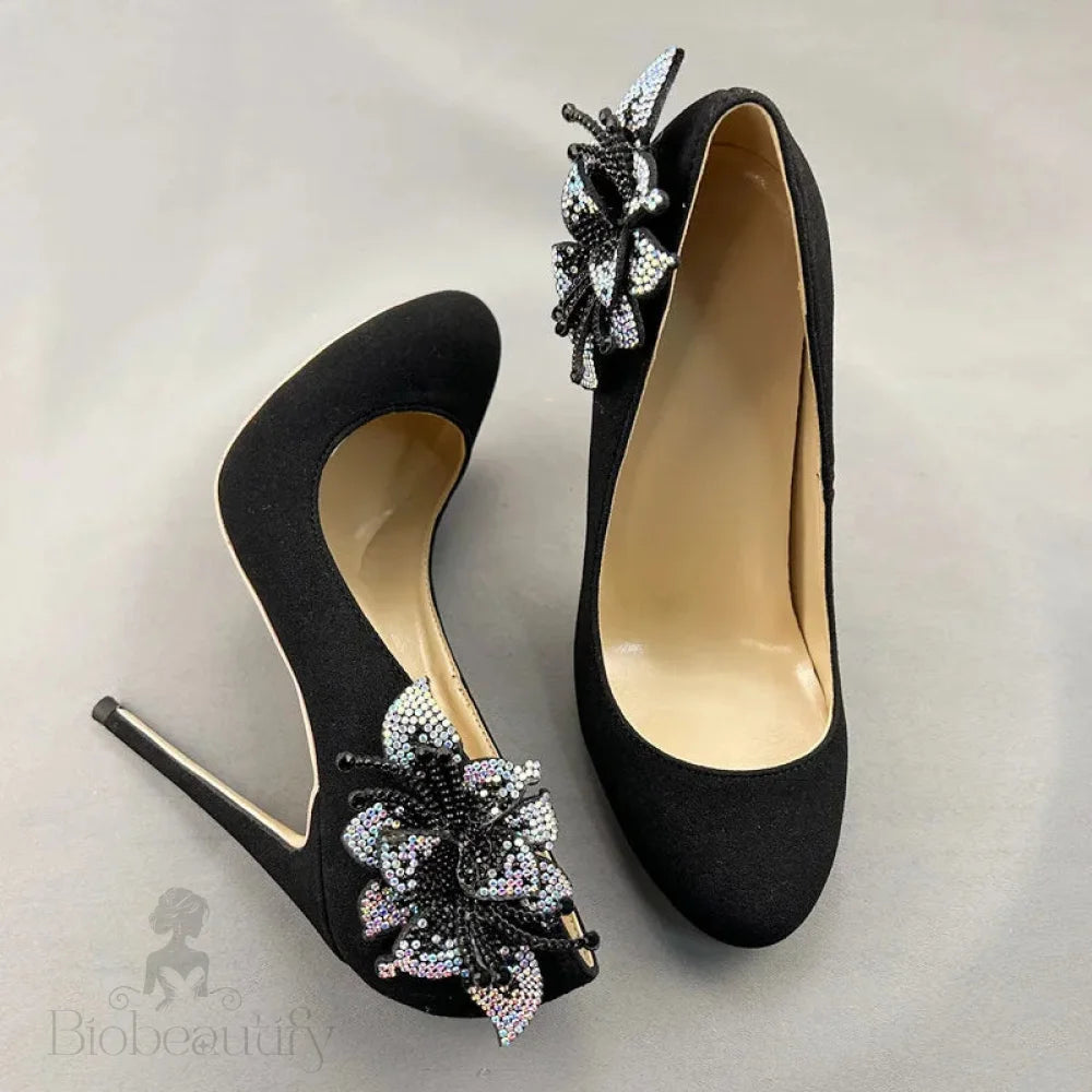 Black Flock Suede High Heel Shoes With Glitter Rhinestone Flower Embellishments