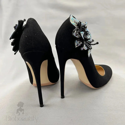 Black Flock Suede High Heel Shoes With Glitter Rhinestone Flower Embellishments