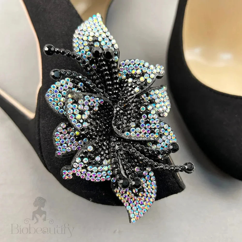 Black Flock Suede High Heel Shoes With Glitter Rhinestone Flower Embellishments