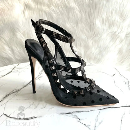 Black Gauze Mesh Gladiator High Heel Shoes With Summer Studs Rivets And Backless Design