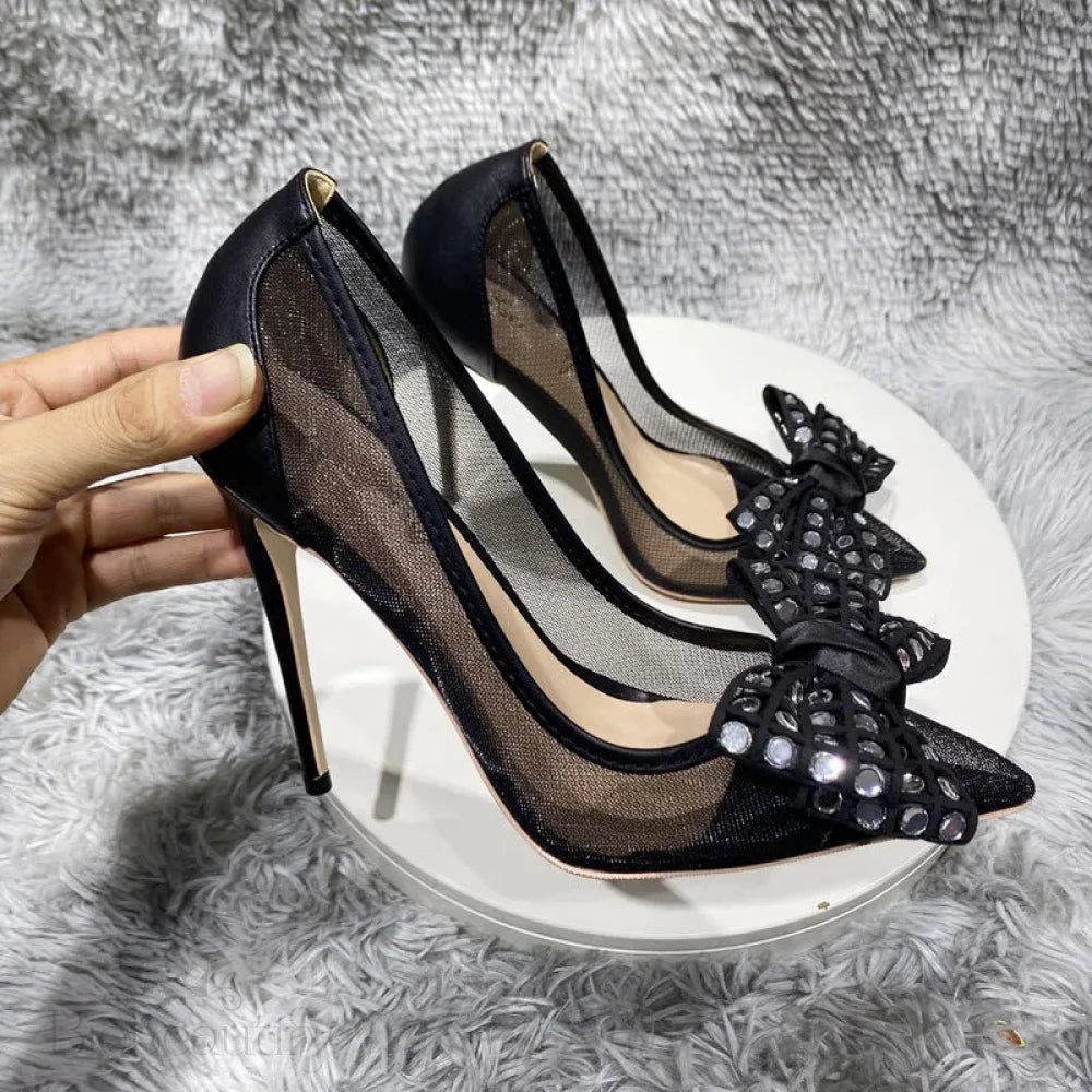 Black Gauze Mesh Pointy Toe High Heel Shoes With Rhinestones Bow For Women