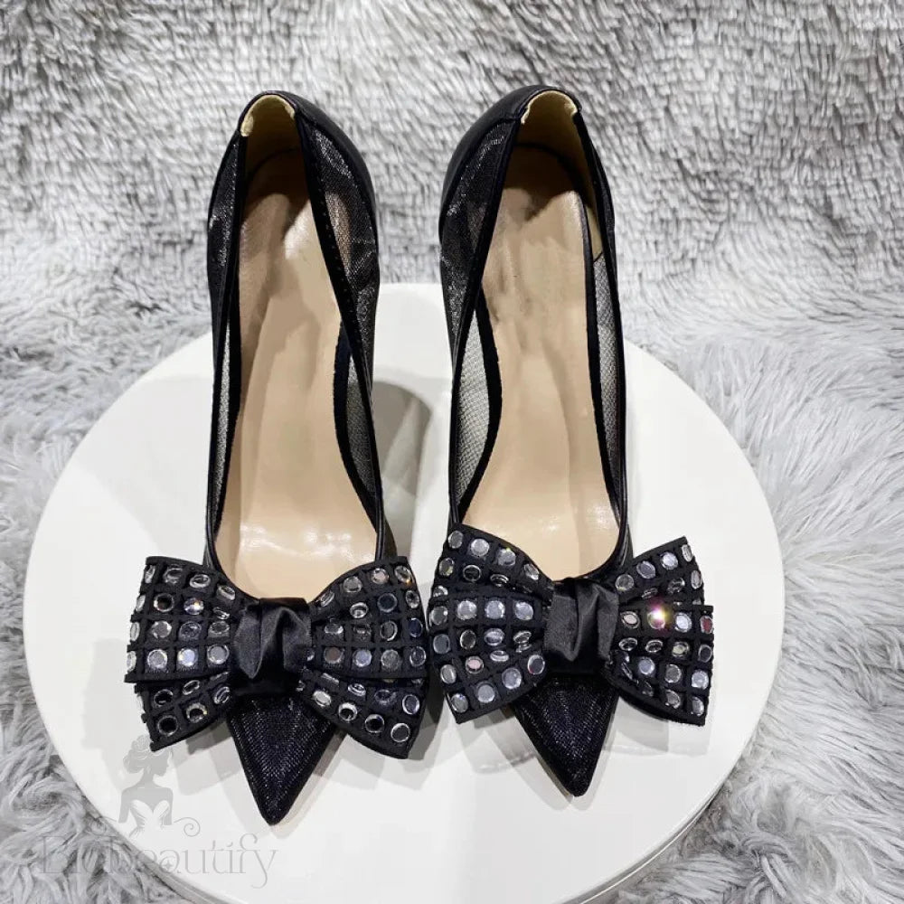 Black Gauze Mesh Pointy Toe High Heel Shoes With Rhinestones Bow For Women