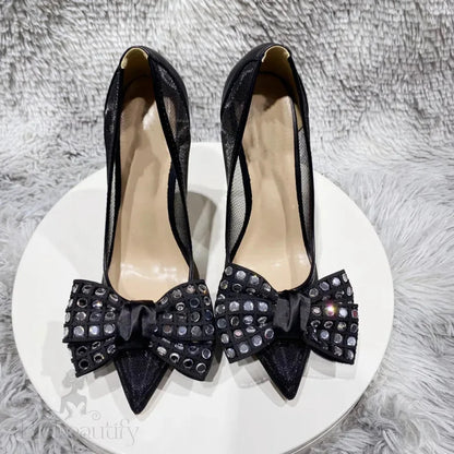 Black Gauze Mesh Pointy Toe High Heel Shoes With Rhinestones Bow For Women