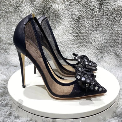 Black Gauze Mesh Pointy Toe High Heel Shoes With Rhinestones Bow For Women