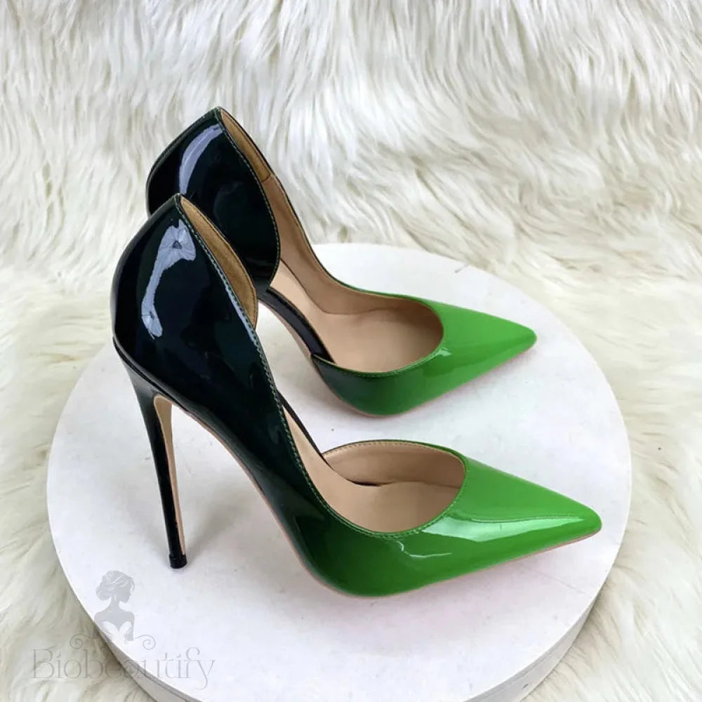 Black Green Women Pointy Toe Side Cut High Heel Shoes