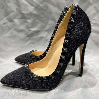 Black Hary Flock Women Sexy Rivets Pointy Toe High Heel Shoes